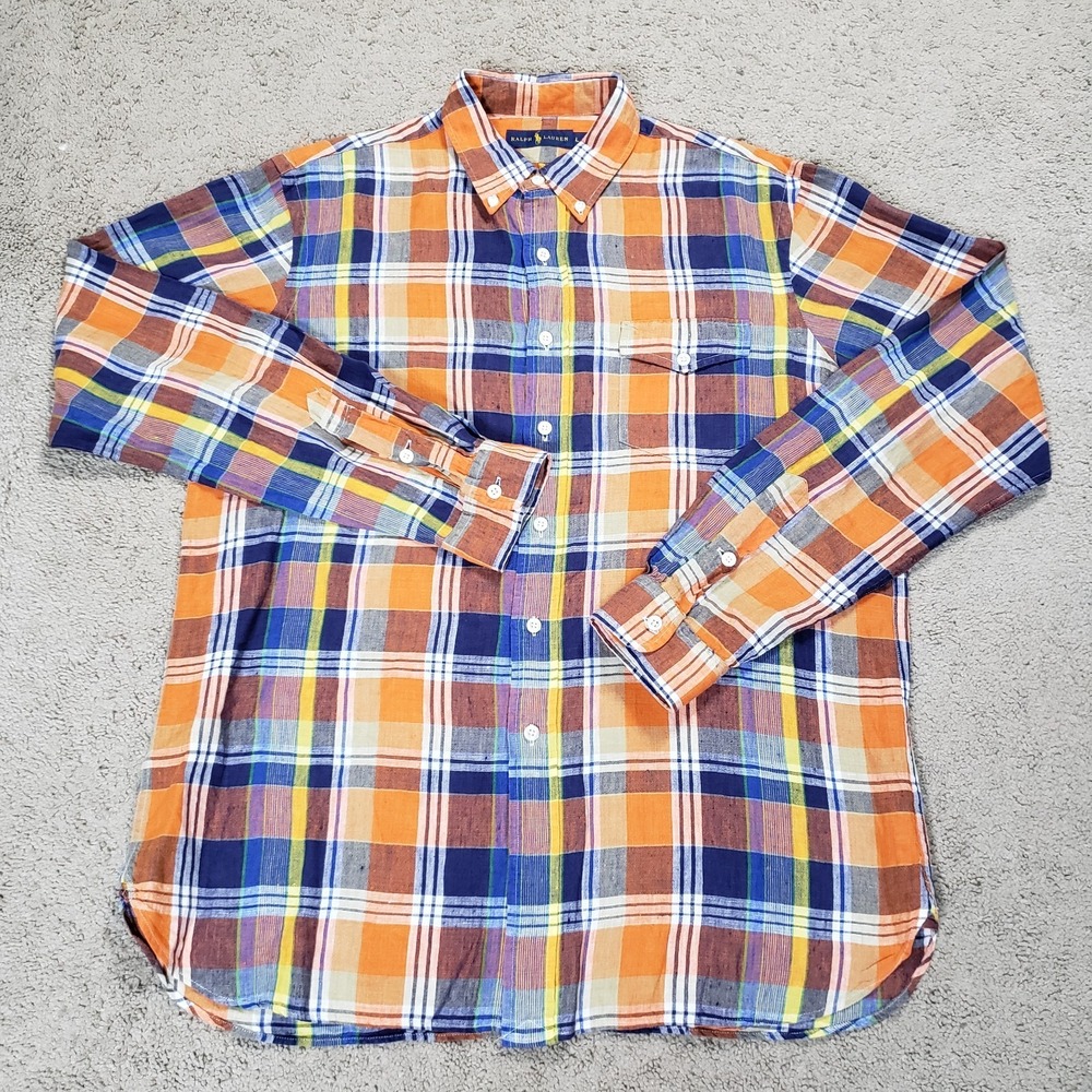 Ralph Lauren 100% Linen Shirt Men Large Orange Plaid Long Sleeve Beach Preppy